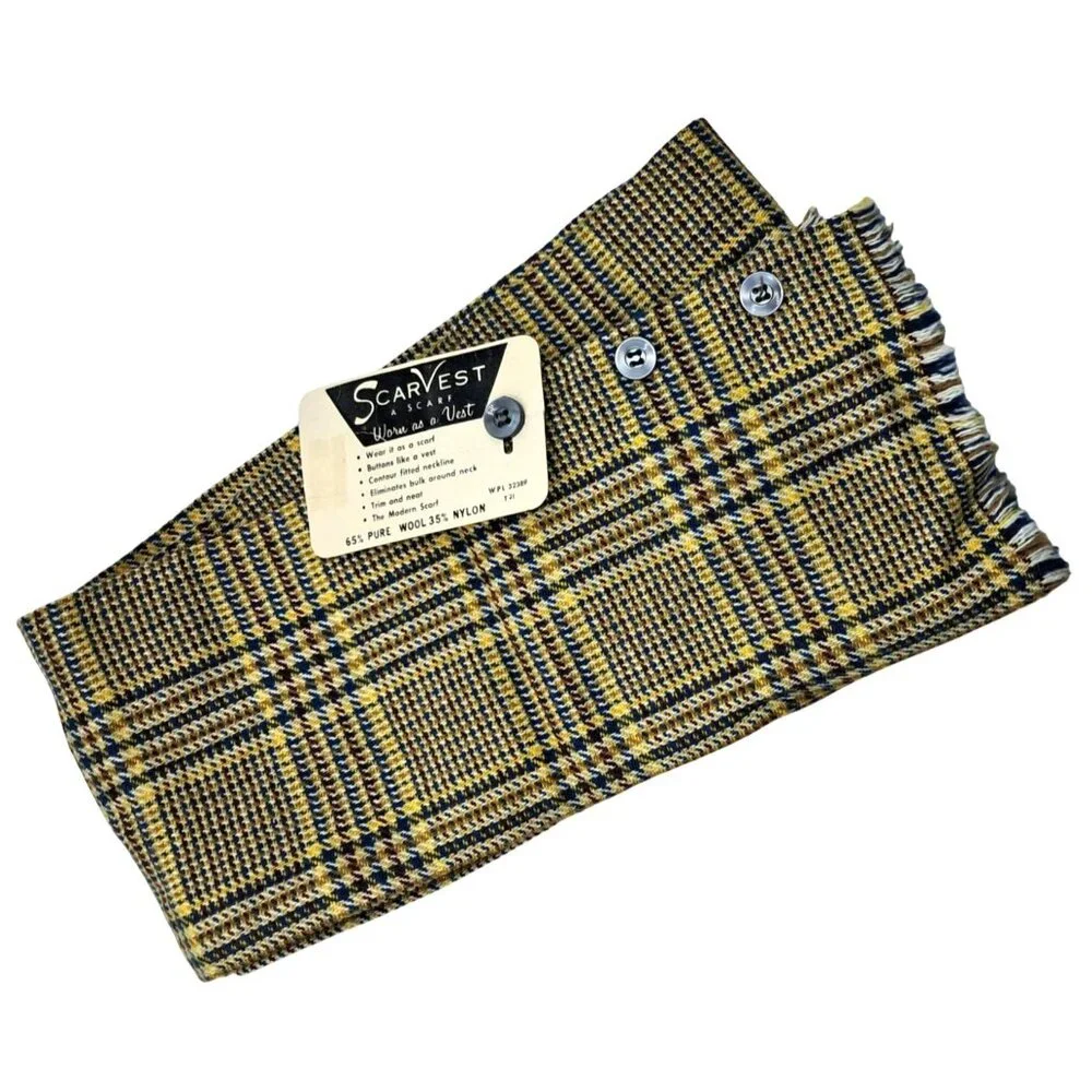 Vintage Scarvest Wool Nylon Plaid Scarf Vest Convertible Accessory‎ Multi Button